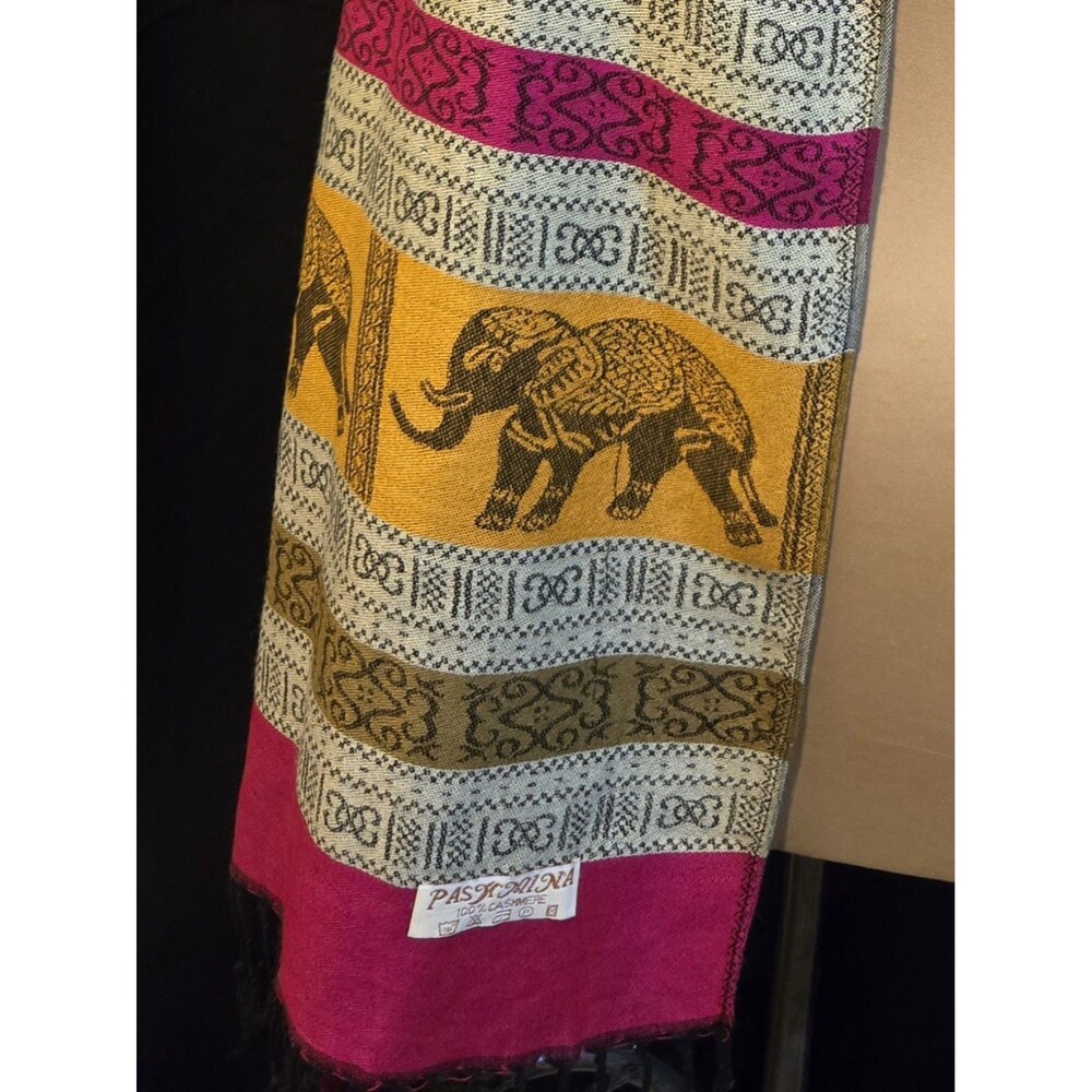 Pashmina Cashmere Shawl Wrap Scarf Pink Gold Black Fringe Elephants - Picture 3 of 6